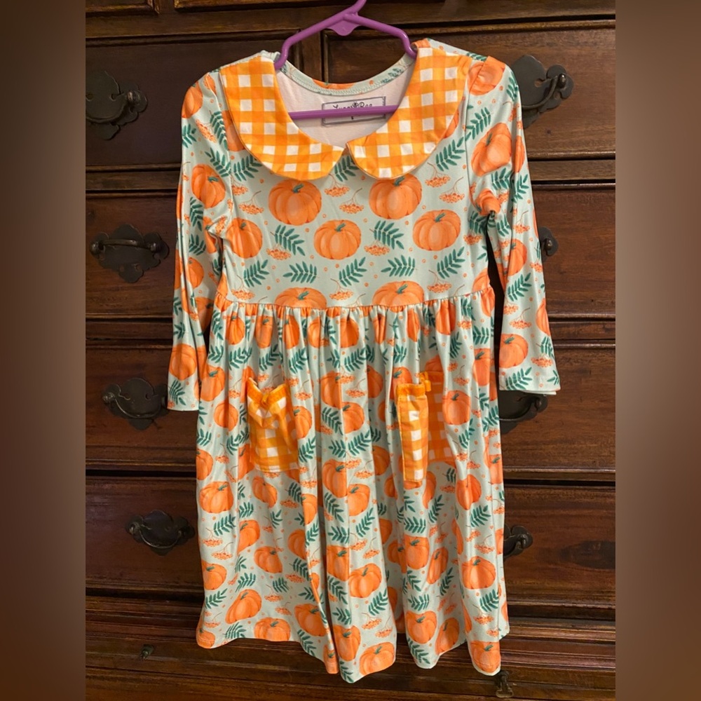 Pumpkin Print Dress with Gingham Collar